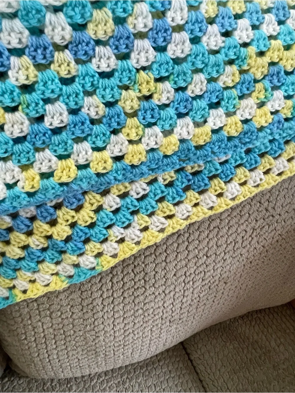 Crocheted Granny Square Throw Blanket - Blue, Yellow, White